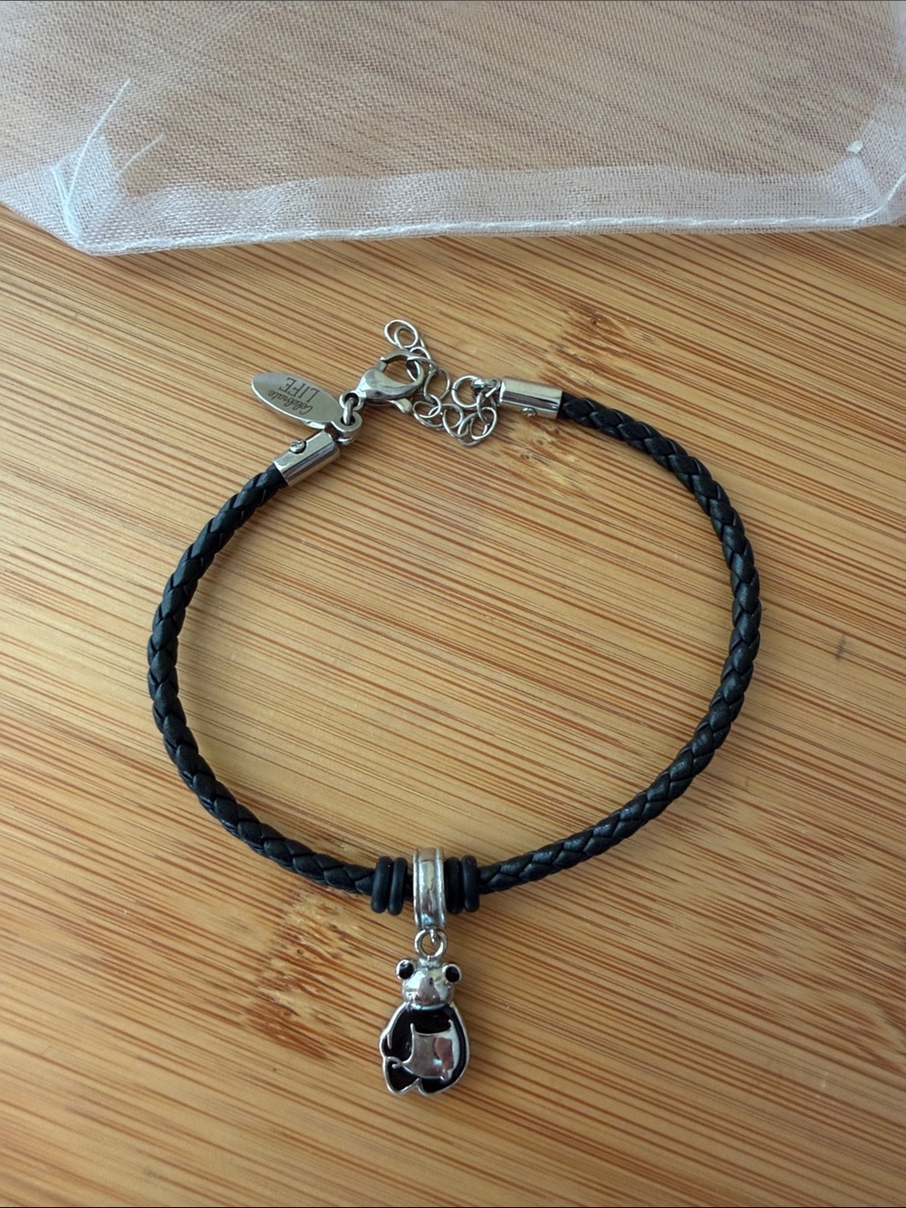 Hallmark Black Braided Leather Bracelet with black and silver Panda charm